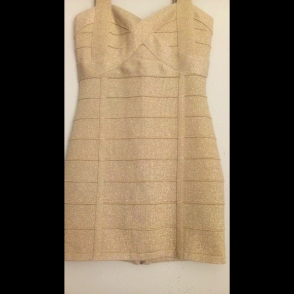 🆕 LISTING!! HMS GOLD SHIMMER CRISSCROSS BUST ZIPPER BANDAGE DRESS - Picture 6 of 15